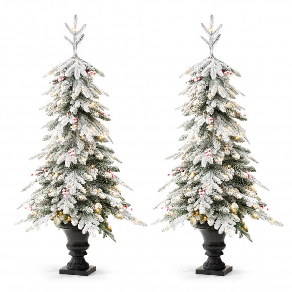 glitzhome Glitzhome 2PK 5FT Pre-Lit Flocked Fir Artificial Christmas Porch Tree with 150 Warm White Lights and Red Berries