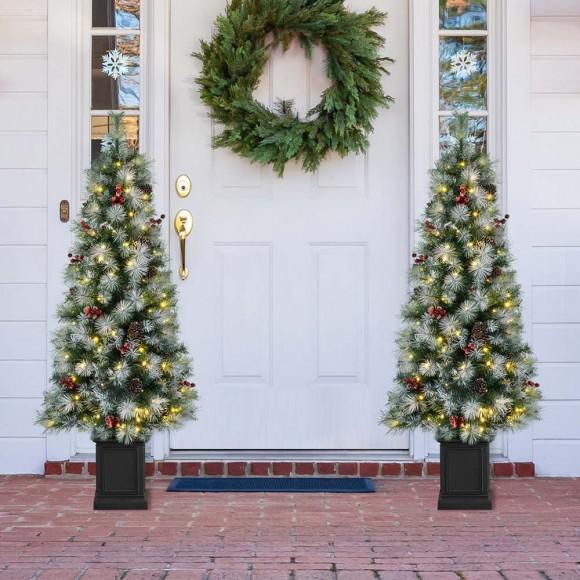 Glitzhome Glitzhome 2PK 5ft Pre-Lit Pine Artificial Christmas Porch Tree With 150 Warm White Lights Pinecones And Red Berries