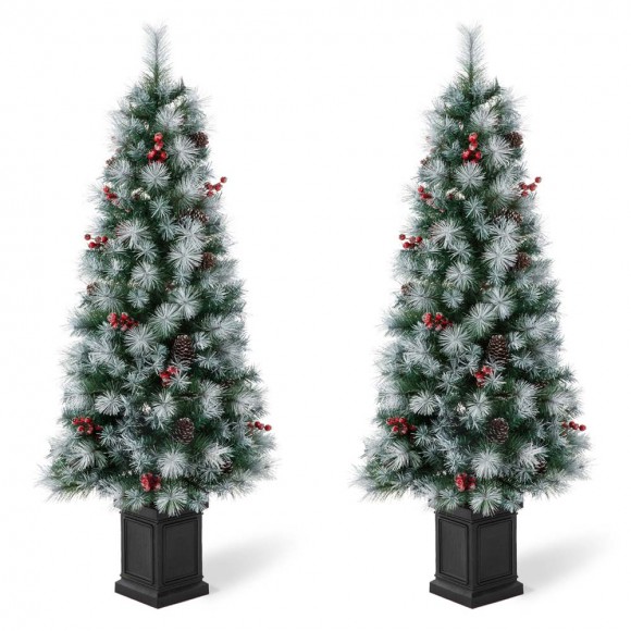 Glitzhome Glitzhome 2PK 5ft Pre-Lit Pine Artificial Christmas Porch Tree With 150 Warm White Lights Pinecones And Red Berries