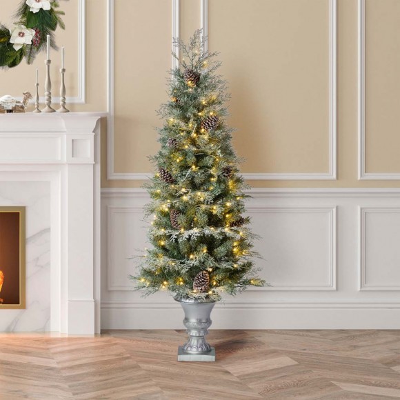 Glitzhome Glitzhome 2PK 5ft Pre-Lit Pine Artificial Christmas Porch Tree With 180 Warm White Lights And Pinecones