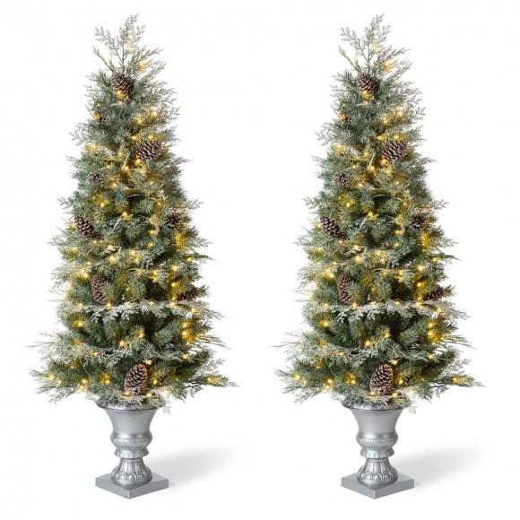 glitzhome Glitzhome 2PK 5ft Pre-Lit Pine Artificial Christmas Porch Tree with 180 Warm White Lights and Pinecones