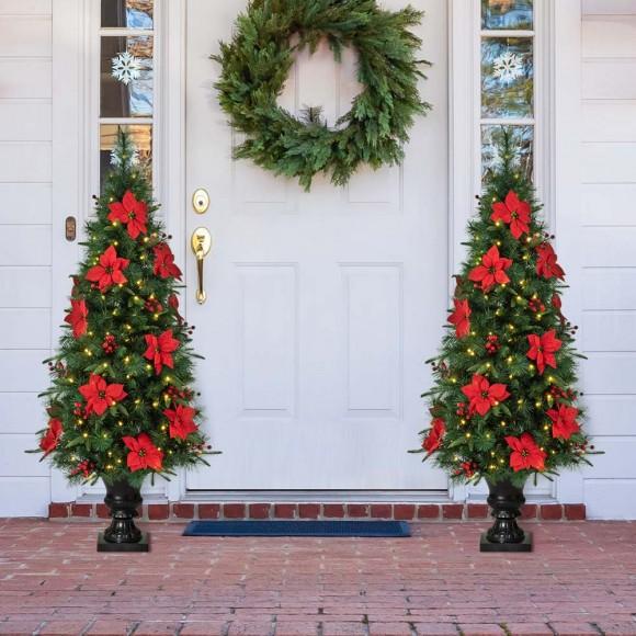 Glitzhome Glitzhome 2PK 5ft Pre-Lit Pine Artificial Christmas Porch Tree With 150 Warm White Lights Poinsettia And Red Berries