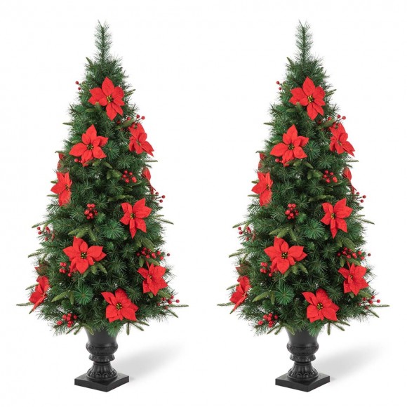 Glitzhome Glitzhome 2PK 5ft Pre-Lit Pine Artificial Christmas Porch Tree With 150 Warm White Lights Poinsettia And Red Berries