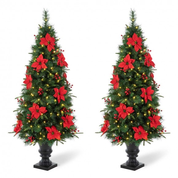glitzhome Glitzhome 2PK 5ft Pre-Lit Pine Artificial Christmas Porch Tree with 150 Warm White Lights Poinsettia and Red Berries
