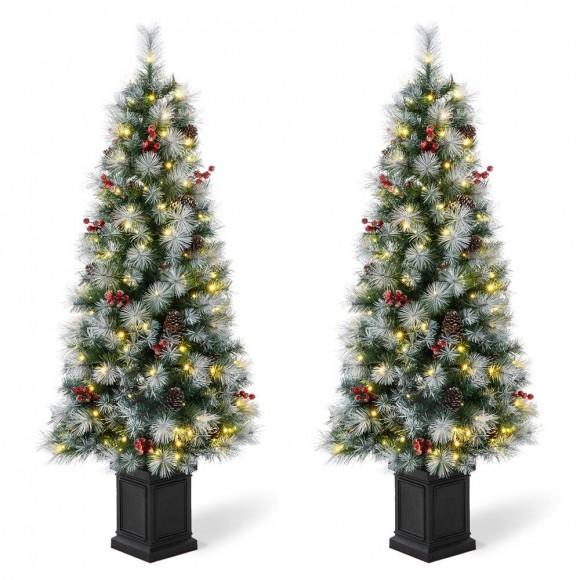 glitzhome Glitzhome 2PK 5ft Pre-Lit Pine Artificial Christmas Porch Tree with 150 Warm White Lights Pinecones and Red Berries