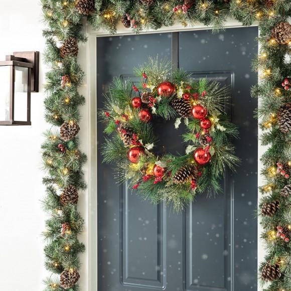 Glitzhome Glitzhome 2PK 6FT Glittered Pinecones And Berries Christmas Garland With 50 Warm White Lights And Timer