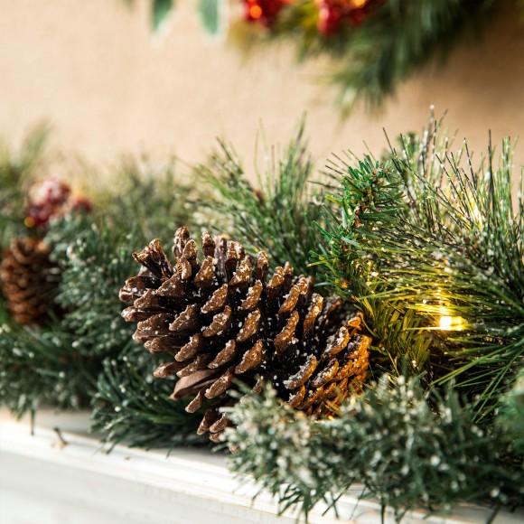 Glitzhome Glitzhome 2PK 6FT Glittered Pinecones And Berries Christmas Garland With 50 Warm White Lights And Timer