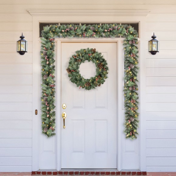 Glitzhome Glitzhome 2PK 6FT Glittered Pinecones And Berries Christmas Garland With 50 Warm White Lights And Timer