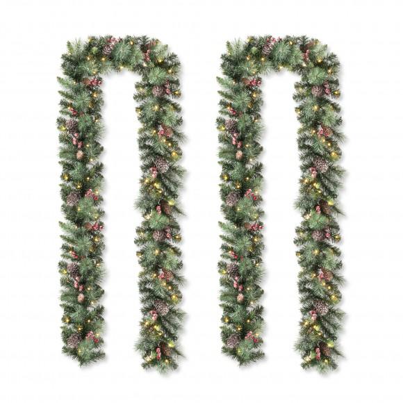 glitzhome Glitzhome 2PK 6FT Glittered Pinecones and Berries Christmas Garland With 50 Warm White Lights and Timer
