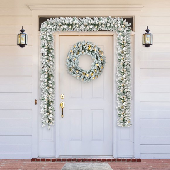 Glitzhome Glitzhome 2PK 6ft Pre-Lit Snow Flocked Christmas Garland With 35 Warm White LED Lights And Timer