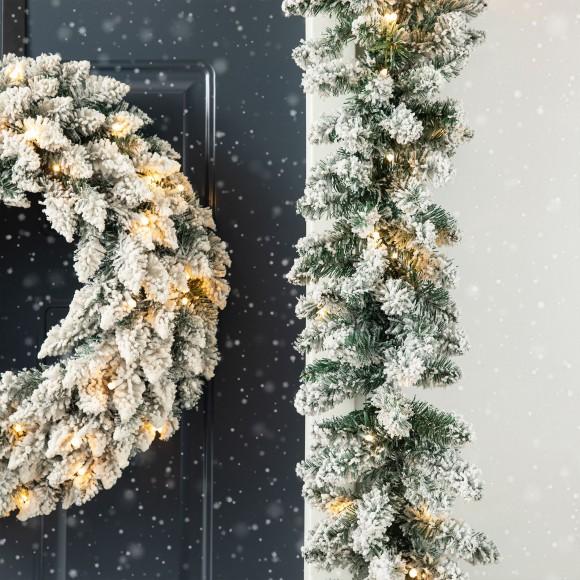 Glitzhome Glitzhome 2PK 6ft Pre-Lit Snow Flocked Christmas Garland With 35 Warm White LED Lights And Timer