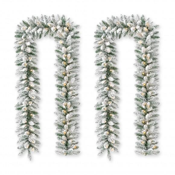 glitzhome Glitzhome 2PK 6ft Pre-Lit Snow Flocked Christmas Garland with 35 Warm White LED Lights and Timer
