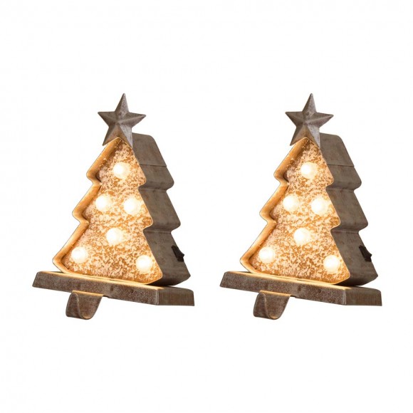 glitzhome Glitzhome 2PK 7.50"H Marquee LED Wooden/Metal Christmas Tree Stocking Holder