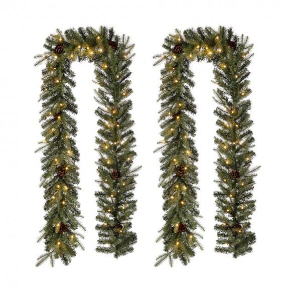 glitzhome Glitzhome 2pk 9ft Pre-Lit Greenery Pine Cone Christmas Garland with Warm White LED Lights