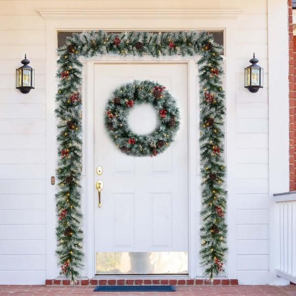 Glitzhome Glitzhome 2PK 9ft Pre-Lit Greenery Pine Cones And Red Berries Christmas Garland With 50 Warm White Lights(Includes Timer)