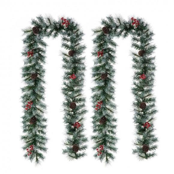 Glitzhome Glitzhome 2PK 9ft Pre-Lit Greenery Pine Cones And Red Berries Christmas Garland With 50 Warm White Lights(Includes Timer)