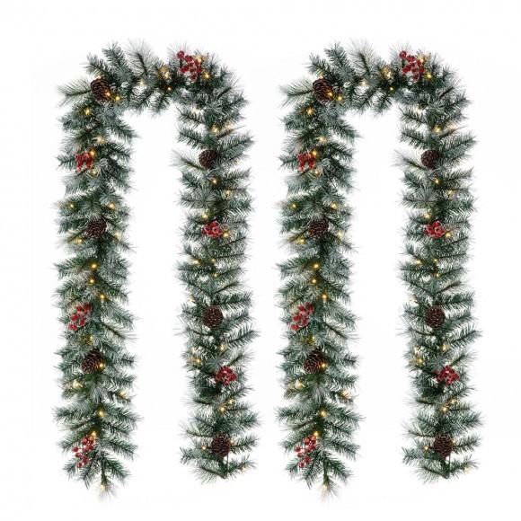 glitzhome Glitzhome 2PK 9ft Pre-Lit Greenery Pine Cones and Red Berries Christmas Garland with 50 Warm White Lights(Includes Timer)