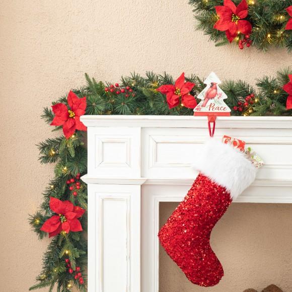 Glitzhome Glitzhome 2PK 9ft Pre-Lit Greenery Pine Poinsettia And Red Berries Christmas Garland With 70 Warm White Lights And Timer