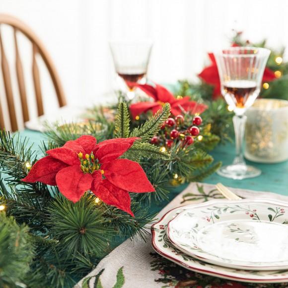 Glitzhome Glitzhome 2PK 9ft Pre-Lit Greenery Pine Poinsettia And Red Berries Christmas Garland With 70 Warm White Lights And Timer