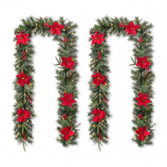 glitzhome Glitzhome 2PK 9ft Pre-Lit Greenery Pine Poinsettia and Red Berries Christmas Garland with 70 Warm White Lights and Timer