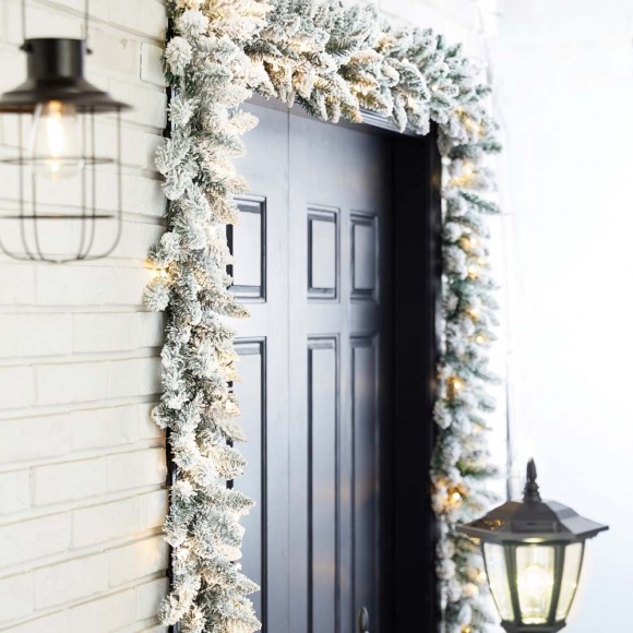 Glitzhome Glitzhome 2pk 9ft Pre-Lit Snow Flocked Christmas Garland With Warm White LED Lights