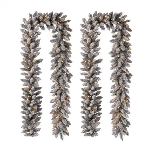 glitzhome Glitzhome 2pk 9ft Pre-Lit Snow Flocked Christmas Garland with Warm White LED Lights