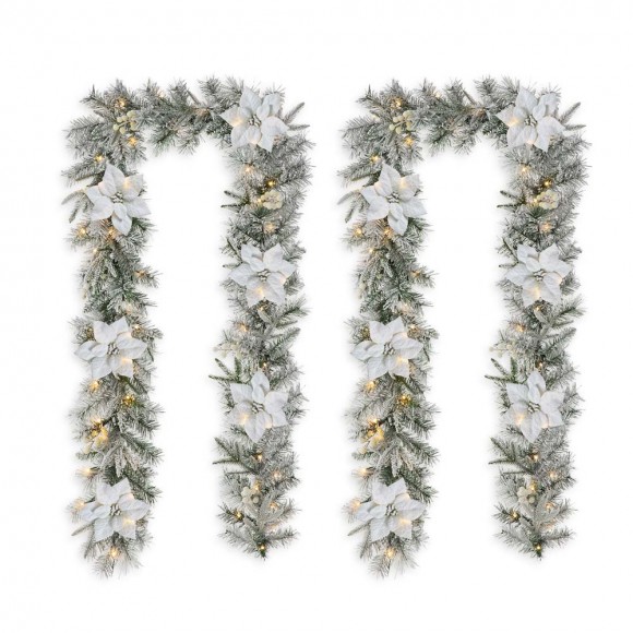 glitzhome Glitzhome 2PK 9ft Pre-Lit Snow Flocked Greenery Pine Poinsettia Christmas Garland with 50 Warm White Lights(Includes Timer)