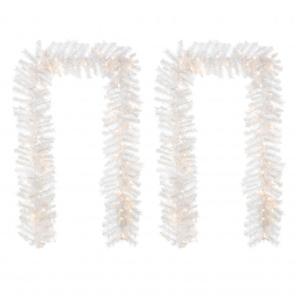 glitzhome Glitzhome 2PK 9ft Pre-Lit White Pine Christmas Garland with 50 Warm White LED Lights and Timer