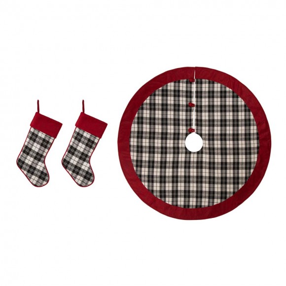 glitzhome Glitzhome 2pk Black & White Plaid Fabric Christmas Stockings and 1 Tree skirt Set of 3