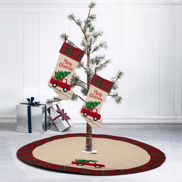 Glitzhome Glitzhome 2pk Embroidered Linen Red Truck Christmas Stockings And 1 Tree Skirt Set Of 3