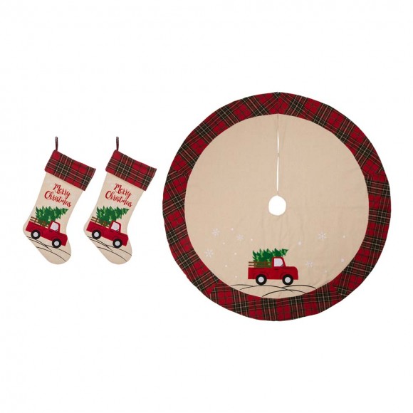 glitzhome Glitzhome 2pk Embroidered Linen Red Truck Christmas Stockings and 1 Tree Skirt Set of 3