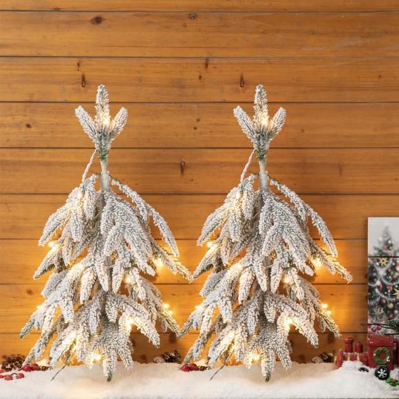 Glitzhome Glitzhome 2PK Lighted 2ft Pre-Lit Downward Wrapped Flocked Pine Artificial Christmas Greenery Table Tree(Includes Timer)