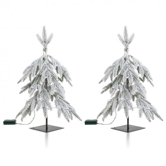 Glitzhome Glitzhome 2PK Lighted 2ft Pre-Lit Downward Wrapped Flocked Pine Artificial Christmas Greenery Table Tree(Includes Timer)