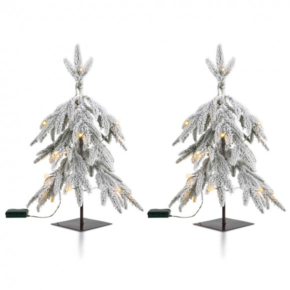 glitzhome Glitzhome 2PK Lighted 2ft Pre-Lit Downward Wrapped Flocked Pine Artificial Christmas Greenery Table Tree(Includes Timer)