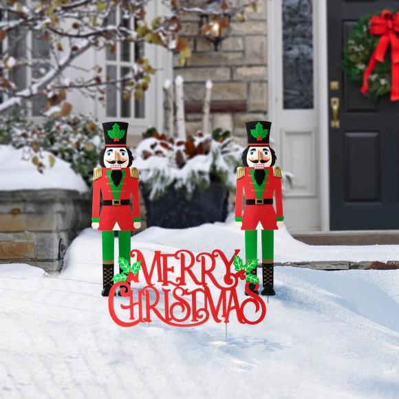 Glitzhome Glitzhome 2PK Metal Nutcracker And One MERRY CHRISTMAS Yard Stakes