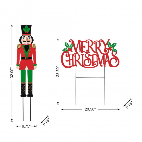 Glitzhome Glitzhome 2PK Metal Nutcracker And One MERRY CHRISTMAS Yard Stakes
