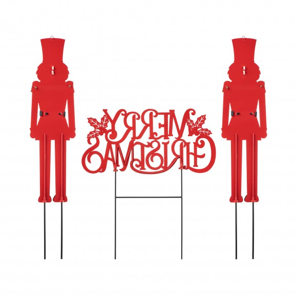 Glitzhome Glitzhome 2PK Metal Nutcracker And One MERRY CHRISTMAS Yard Stakes