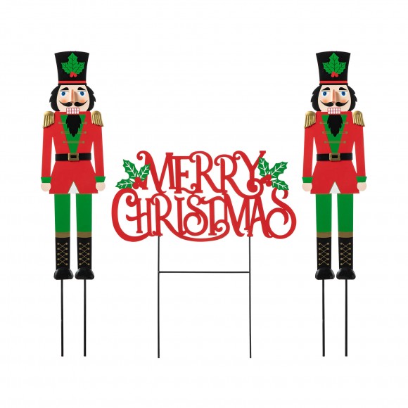 glitzhome Glitzhome 2PK Metal Nutcracker and One MERRY CHRISTMAS Yard Stakes