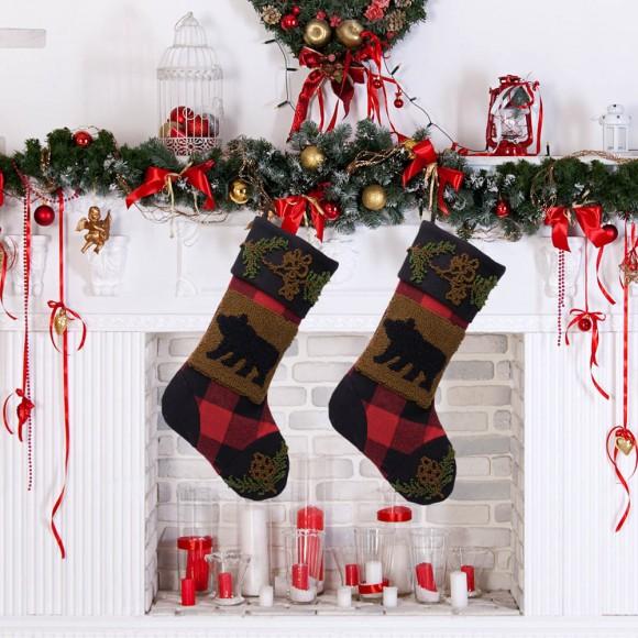 Glitzhome Glitzhome 2PK Plaid Stocking W/Rug Hooked (Bear)
