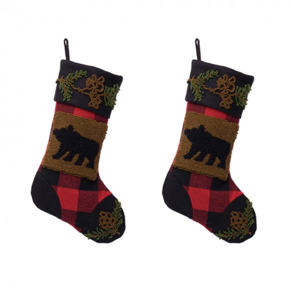 glitzhome Glitzhome 2PK Plaid Stocking w/Rug Hooked (Bear)