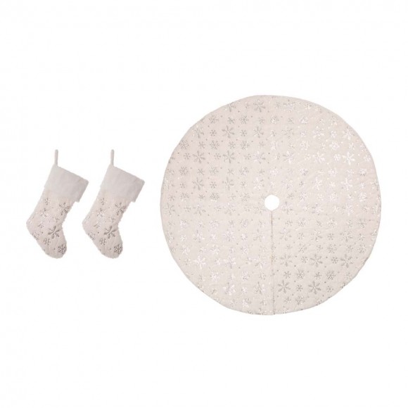 glitzhome Glitzhome 2pk White Plush with Snowflake Christmas Stockings and 1 Tree skirt Set of 3