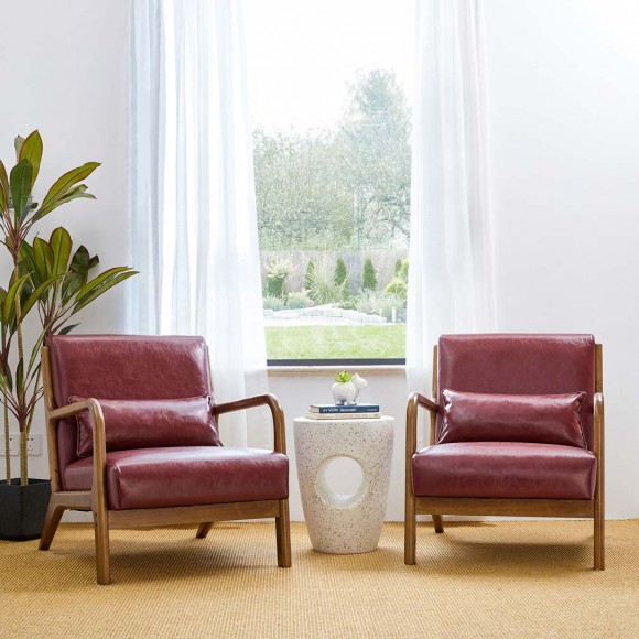 Glitzhome Glitzhome 30.00"H Mid-century Modern Burgundy Leatherette Accent Armchair With Walnut Rubberwood Frame Set Of 2