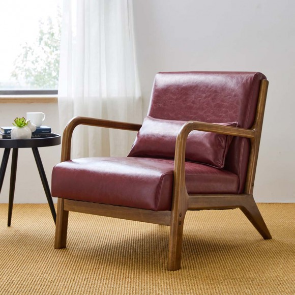 Glitzhome Glitzhome 30.00"H Mid-century Modern Burgundy Leatherette Accent Armchair With Walnut Rubberwood Frame