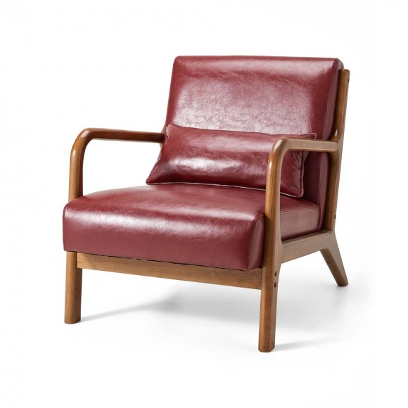 glitzhome Glitzhome 30.00"H Mid-century Modern Burgundy Leatherette Accent Armchair with Walnut Rubberwood Frame