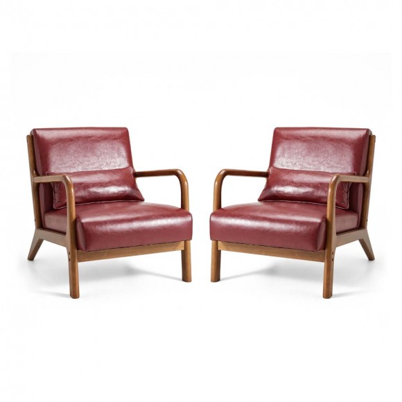 glitzhome Glitzhome 30.00"H Mid-century Modern Burgundy Leatherette Accent Armchair with Walnut Rubberwood Frame Set of 2
