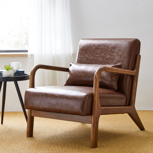 Glitzhome Glitzhome 30.00"H Mid-century Modern Coffee Leatherette Accent Armchair With Walnut Rubberwood Frame