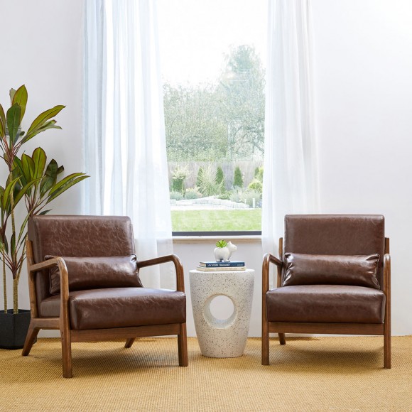 Glitzhome Glitzhome 30.00"H Mid-century Modern Coffee Leatherette Accent Armchair With Walnut Rubberwood Frame Set Of 2