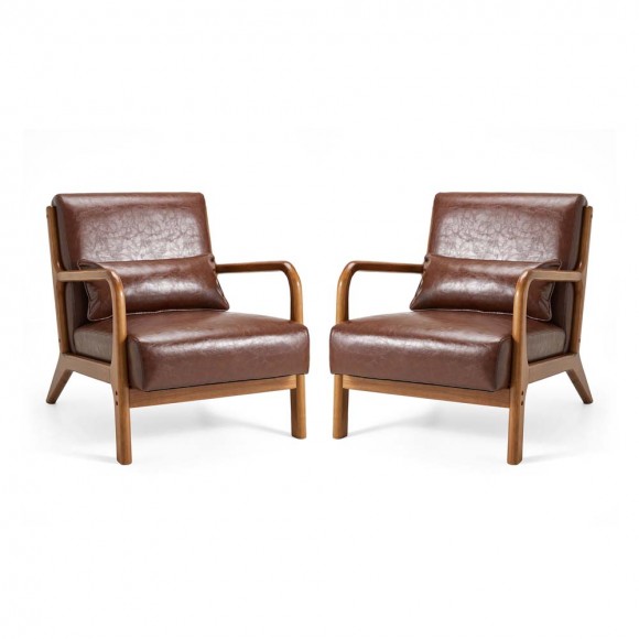 glitzhome Glitzhome 30.00"H Mid-century Modern Coffee Leatherette Accent Armchair with Walnut Rubberwood Frame Set of 2