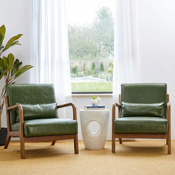 glitzhome Glitzhome 30.00"H Mid-century Modern Hunter Green Leatherette Accent Armchair With Walnut Rubberwood Frame Set Of 2
