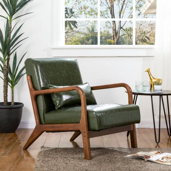 Glitzhome Glitzhome 30.00"H Mid-century Modern Hunter Green PU Leather Accent Armchair With Walnut Rubberwood Frame